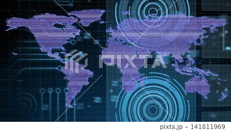 Displaying stylized world map with purple continents on digital HUD, showing cyan rings Displaying stylized world map with purple continents on digital HUD, showing cyan rings 141811969