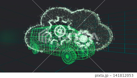 Hovering neon-green wireframe van moving in virtual grid, showing particle cloud and glowing gears Hovering neon-green wireframe van moving in virtual grid, showing particle cloud and glowing gears 141812053