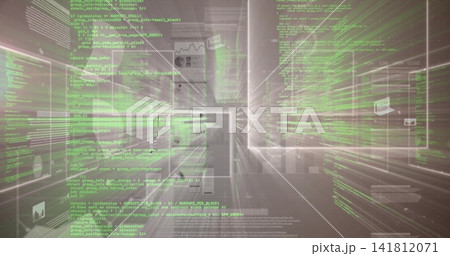 Displaying green monospaced code blocks and translucent panels in virtual space, radial blur 141812071