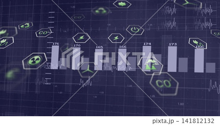 Displaying center bar chart showing number labels and waveform traces at dashboard hex energy icons Displaying center bar chart showing number labels and waveform traces at dashboard hex energy icons 141812132