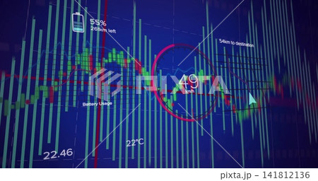 Displaying data HUD with bars and candlesticks on blue screen, showing 49 km or h gauge, battery 55% Displaying data HUD with bars and candlesticks on blue screen, showing 49 km or h gauge, battery 55% 141812136