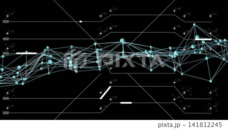 Showing abstract cyan node network forming glowing web on black field, with mesh and plus signs Showing abstract cyan node network forming glowing web on black field, with mesh and plus signs 141812245