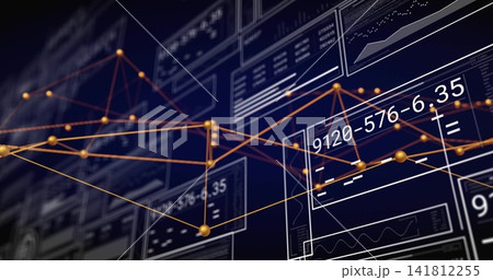 Displaying lit gold nodes linking orange lines over virtual panels, showing readout 9120-576-6 Displaying lit gold nodes linking orange lines over virtual panels, showing readout 9120-576-6 141812255
