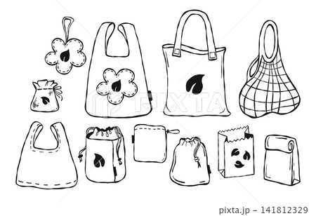 Outline Eco Bags and Reusable Packaging Set. Sustainable Shopping Totes, Grocery Sacks and Zero Waste Paper Packets. Diverse Eco-Friendly Storage Collection. Isolated vector Doodle Line Art. Outline Eco Bags and Reusable Packaging Set. Sustainable Shopping Totes, Grocery Sacks and Zero Waste Paper Packets. Diverse Eco-Friendly Storage Collection. Isolated vector Doodle Line Art. 141812329