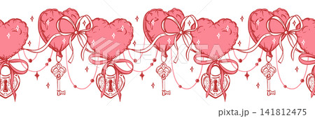 A lock and key hang from pink and red heart shaped balloons. Valentine's Day vector image, love designs, greeting cards and romantic decorations. Horizontal seamless pattern. Floating helium balloon. A lock and key hang from pink and red heart shaped balloons. Valentine's Day vector image, love designs, greeting cards and romantic decorations. Horizontal seamless pattern. Floating helium balloon. 141812475