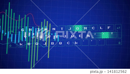 Displaying virtual keyboard overlaying blue grid dashboard, green keys, bar charts, magenta line 141812562