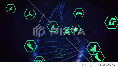 Featuring glossy blue DNA helix connecting neon green hex icons in virtual space, data network Featuring glossy blue DNA helix connecting neon green hex icons in virtual space, data network 141812573