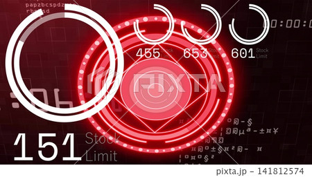 Displaying central red concentric HUD on dark grid, showing progress rings, LEDs, 151 stock limit 141812574