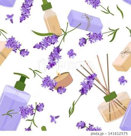 Spa accessories. Vector seamless pattern. Lavender soap, essential oil bottle, and reed diffuser. Fresh lavender sprigs create a calming atmosphere. Perfect for promoting aromatherapy beauty products. Spa accessories. Vector seamless pattern. Lavender soap, essential oil bottle, and reed diffuser. Fresh lavender sprigs create a calming atmosphere. Perfect for promoting aromatherapy beauty products. 141812575