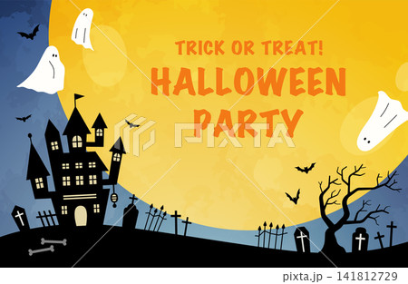 ハロウィン ハロウィーン 横長 バナー テンプレート イラスト ベクター 背景 素材 月 青 ハロウィン ハロウィーン 横長 バナー テンプレート イラスト ベクター 背景 素材 月 青 141812729