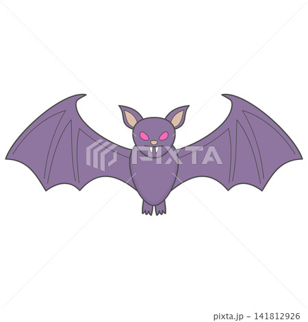 Flat style sticker illustration of a purple halloween bat with glowing eyes isolated on transparent background. Spooky flying nocturnal creature vector graphic icon element for holiday asset. 141812926