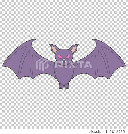 Flat style sticker illustration of a purple halloween bat with glowing eyes isolated on transparent background. Spooky flying nocturnal creature vector graphic icon element for holiday asset. 141812926