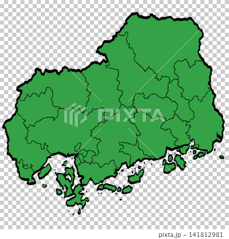 Hiroshima Prefecture Map: Municipalities (Green/Brushstroke Style) Hiroshima Prefecture Map: Municipalities (Green/Brushstroke Style) 141812981