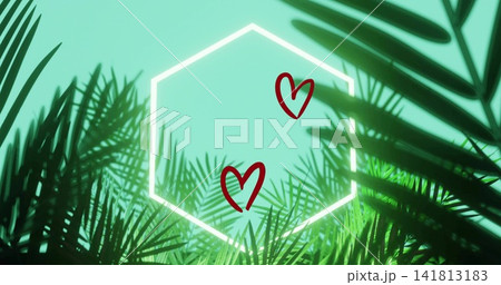Glowing white hexagon outline floating on teal gradient backdrop, palm fronds and two red hearts Glowing white hexagon outline floating on teal gradient backdrop, palm fronds and two red hearts 141813183