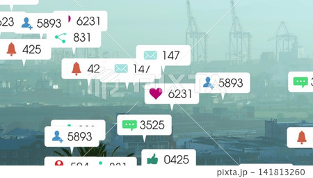 Floating cluster of notification bubbles showing icons and counts hovering over harbor, with cranes Floating cluster of notification bubbles showing icons and counts hovering over harbor, with cranes 141813260