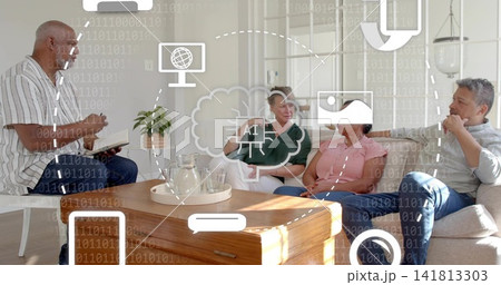 Discussing AI, four adults sitting on sofa holding notebook around coffee table, with AI overlay 141813303
