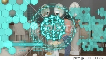 Helping two men steadying senior woman wearing light blouse in living room, with teal AR HUD Helping two men steadying senior woman wearing light blouse in living room, with teal AR HUD 141813307