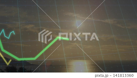 Showing neon green rising line chart overlaying coastal sunrise, translucent grid and reflection Showing neon green rising line chart overlaying coastal sunrise, translucent grid and reflection 141813360
