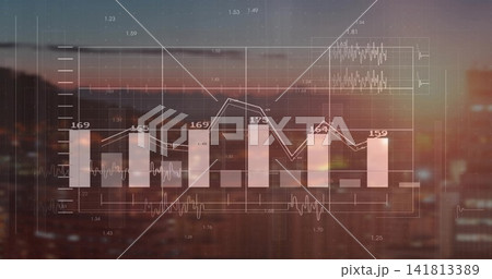 Displaying faint bar chart with numeric labels and line graph over city at sunset, glass reflection Displaying faint bar chart with numeric labels and line graph over city at sunset, glass reflection 141813389