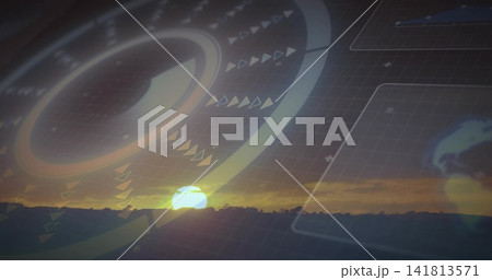 Overlaying translucent HUD ring merging with sun disk over hill ridge at sunset, showing grid 141813571