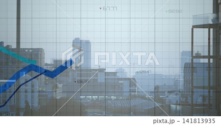Displaying financial chart and grid overlay from office window, with blue-teal lines and numbers 141813935