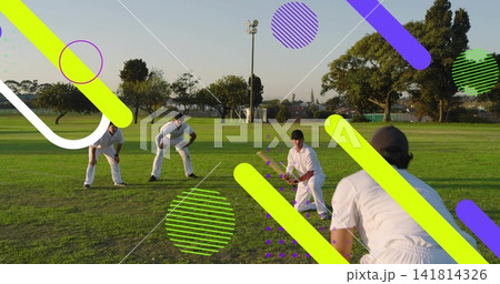 Fielding four cricketers moving on grassy ground, with white kits, gloves, dark cap, neon overlays Fielding four cricketers moving on grassy ground, with white kits, gloves, dark cap, neon overlays 141814326