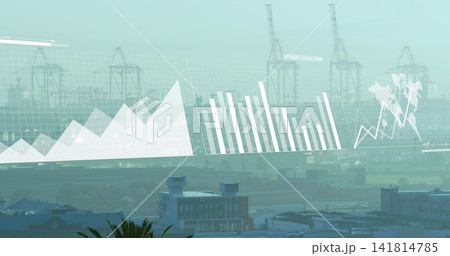 Floating semi-transparent data overlay spanning harbor rooftops, showing cranes, container stacks 141814785