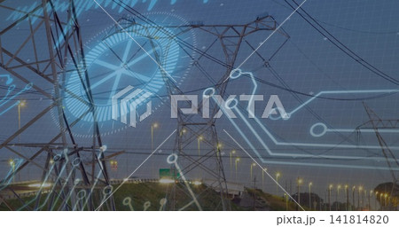 Towering lattice steel transmission towers running beside highway at dusk, with digital HUD overlay 141814820