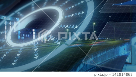 Glowing futuristic HUD overlaying elevated highway at night, showing ring, arrows, light trails Glowing futuristic HUD overlaying elevated highway at night, showing ring, arrows, light trails 141814865