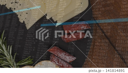 Showing plate with cheese-wedge and salami-salt on table, code overlay showing ERROR blue line 141814891