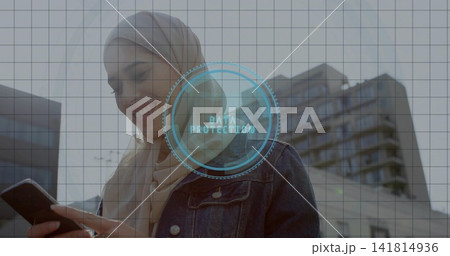 Smiling woman in beige scarf, dark denim jacket checking smartphone at plaza, DATA PROTECTION grid Smiling woman in beige scarf, dark denim jacket checking smartphone at plaza, DATA PROTECTION grid 141814936