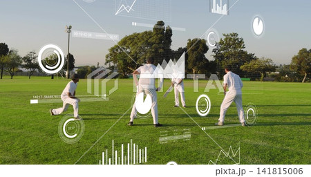 Practicing four players in white cricket uniforms batting on park with cricket bat and AR overlays 141815006
