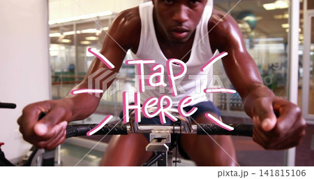 Pedaling man in white tanktop, dark shorts gripping handlebars at gym, with pink Tap Here overlay Pedaling man in white tanktop, dark shorts gripping handlebars at gym, with pink Tap Here overlay 141815106