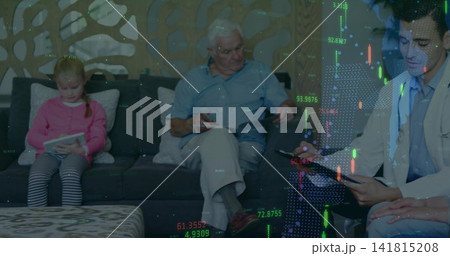 Sitting at home, pink-sweater child using tablet, senior reading paper, overlay blazer charts Sitting at home, pink-sweater child using tablet, senior reading paper, overlay blazer charts 141815208