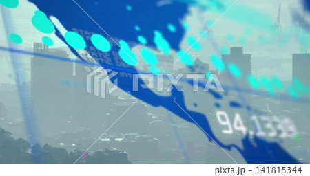 Stretching translucent blue overlay across city skyline, showing turquoise markers and readout Stretching translucent blue overlay across city skyline, showing turquoise markers and readout 141815344
