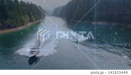 Speeding motorboat and rider carving wake on wakesurf in forest inlet, rider in life vest, HUD Speeding motorboat and rider carving wake on wakesurf in forest inlet, rider in life vest, HUD 141815449