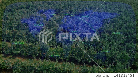 Showing orchard canopy receiving blue overlay from drone, with access path, cyan arcs, green labels Showing orchard canopy receiving blue overlay from drone, with access path, cyan arcs, green labels 141815451