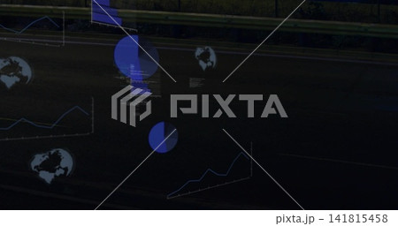 Overlaying roadway at night with faint blue pie charts line graphs globes code guardrail bushes Overlaying roadway at night with faint blue pie charts line graphs globes code guardrail bushes 141815458