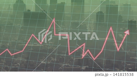 Showing magenta jagged line graph cutting across teal city skyline at rooftops, grid overlay 141815538