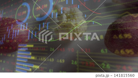 Floating centered cauliflower head in digital market composite with two red-brown tubers, tickers Floating centered cauliflower head in digital market composite with two red-brown tubers, tickers 141815560