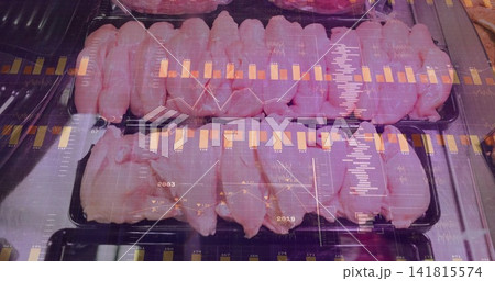 Displaying raw chicken fillets on black trays with clear film at metal shelving, overlaid charts 141815574