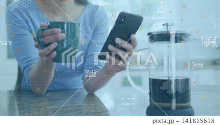 Holding dark-green-mug, Korean woman checking phone at kitchen-counter with French-press UI-overlay Holding dark-green-mug, Korean woman checking phone at kitchen-counter with French-press UI-overlay 141815618