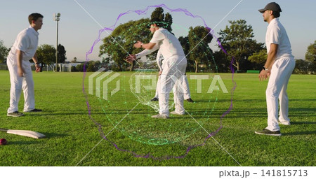 Reaching four men in white kit catching red ball on cricket ground, with colorful wireframe overlay Reaching four men in white kit catching red ball on cricket ground, with colorful wireframe overlay 141815713