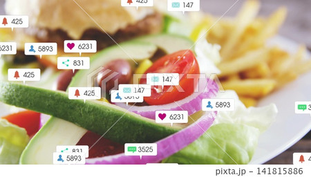 Showing salad with avocado, tomato, onion, olives on plate, featuring blurred burger, fries, badges 141815886