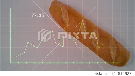 Lying long baguette spanning pale gray tabletop, showing neon-green 3D grid and chart 77 141815927