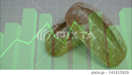 Displaying flour-dusted oval rolls resting on pale tabletop with clear green bar and line chart Displaying flour-dusted oval rolls resting on pale tabletop with clear green bar and line chart 141815929