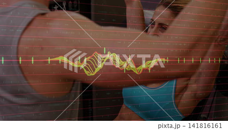 Pressing woman in turquoise sports bra at gym, gray sleeveless shirt spotting, red grid waveform Pressing woman in turquoise sports bra at gym, gray sleeveless shirt spotting, red grid waveform 141816161