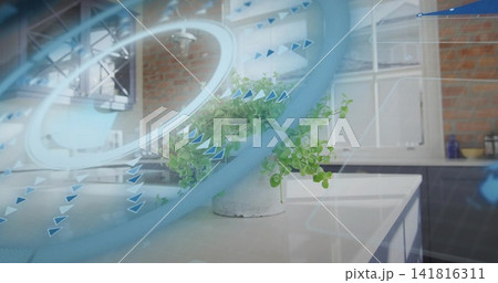 Displaying green houseplant in ceramic pot on glossy white island in loft kitchen, with AR rings Displaying green houseplant in ceramic pot on glossy white island in loft kitchen, with AR rings 141816311