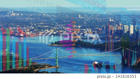 Showing green suspension-bridge spanning harbor at coastal city with ships cranes financial data Showing green suspension-bridge spanning harbor at coastal city with ships cranes financial data 141816351