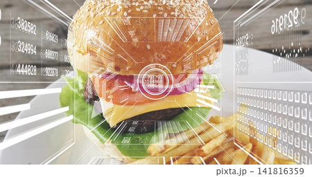 Showing sesame bun cheeseburger sitting on white tray at diner counter, with HUD overlays 141816359